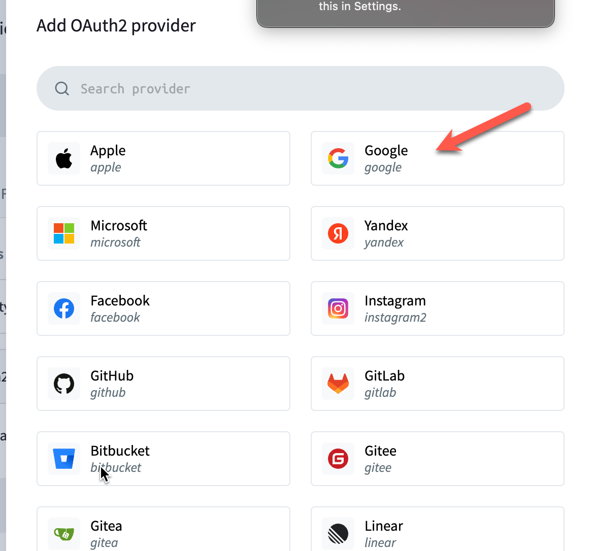 Selecting Google provider